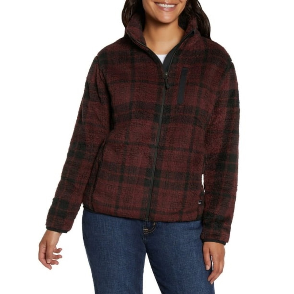 Eddie Bauer Womens Fleece Jacket Full Zip Womens Size XXL Sherpa Plaid Red Black